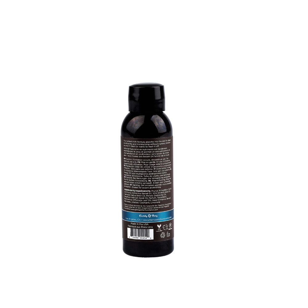 Hemp Seed Massage & Body Oil - Moroccan Nights (Earthy & Spicy-Sensual) Scented - 59 ml Bottle, back view with label.