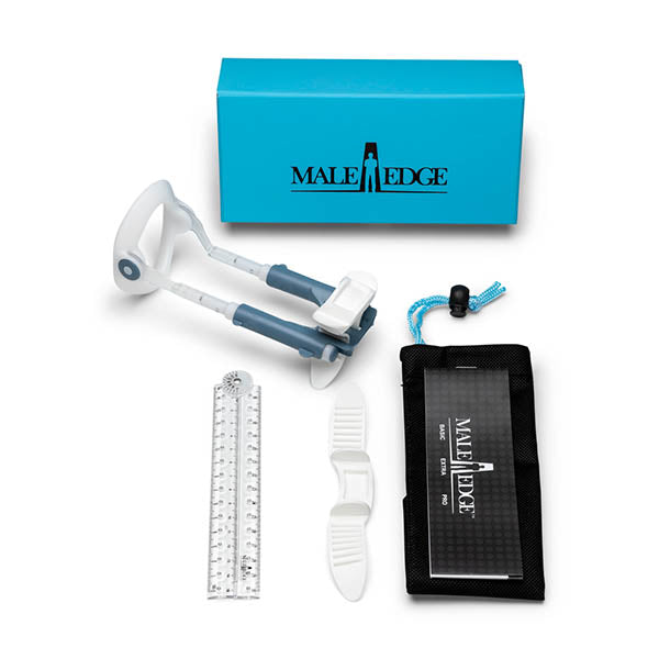 MaleEdge Basic Kit - Penis Enlarger Kit in Case with accessories and blue packaging.