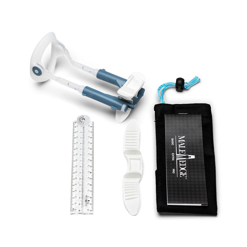 MaleEdge Basic Kit - Penis Enlarger Kit in Case with components laid out, including ruler and storage pouch.