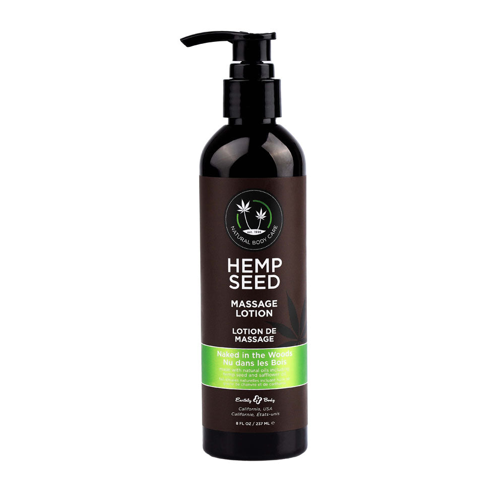 Hemp Seed Massage Lotion - Naked In The Woods, 237 ml bottle with pump for nourishing massage and hydration.