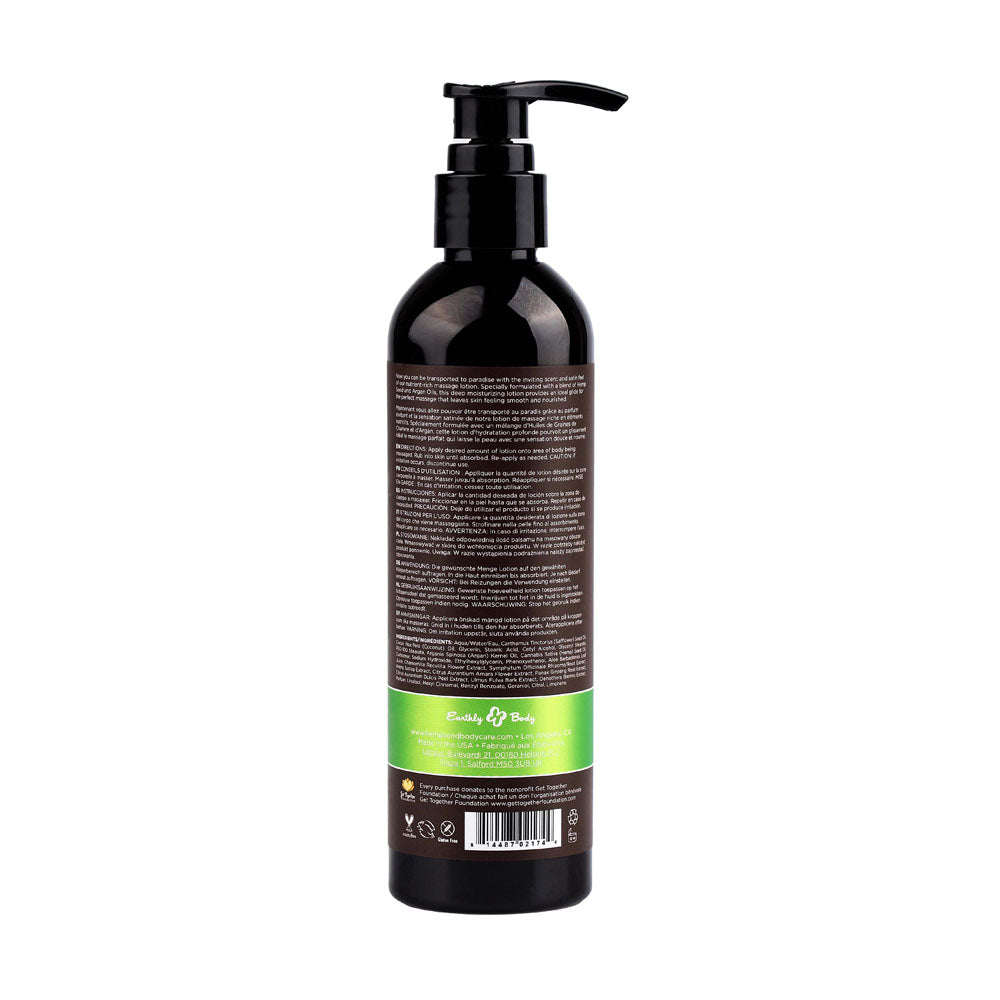 Hemp Seed Massage Lotion - Naked In The Woods with Tea & Ginger scent in 237 ml bottle, perfect for deep moisturizing.