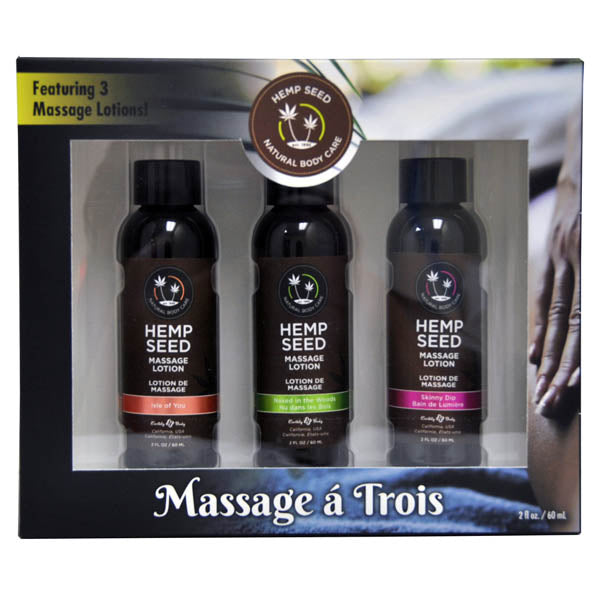 Hemp Seed Massage A Trois - Scented Massage Lotion Kit - 3 Bottle Set packaging featuring three massage lotions.
