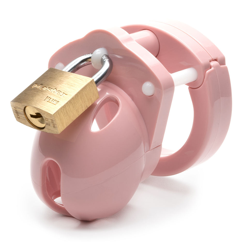 Mini-Me Black Chastity Cock Cage Kit -  -  1.25 Inch Cock Cage Kit with a pink locking mechanism for restraint.