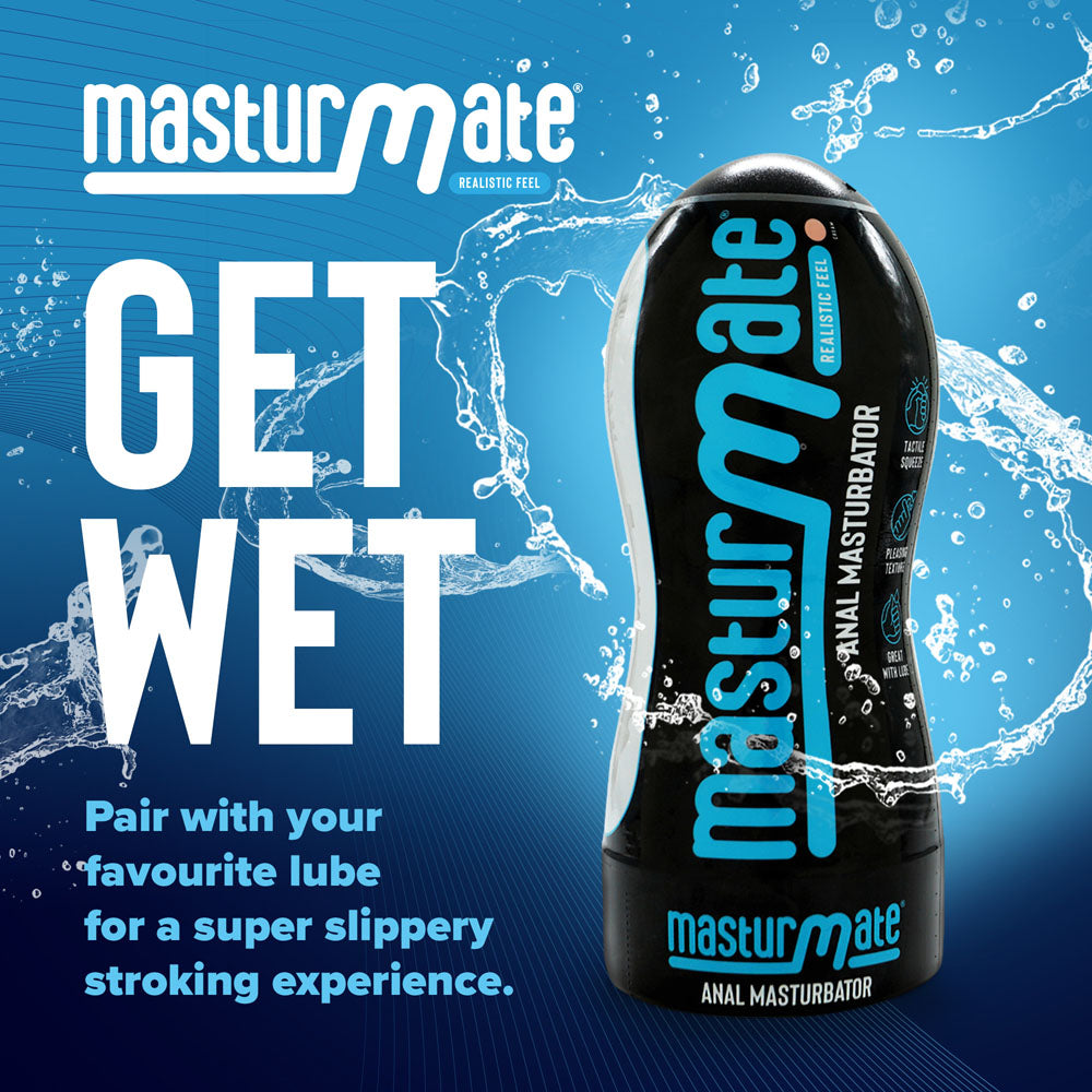 Masturmate - Butt - Cream -  Anal Stroker with text 'GET WET' and water splash background.