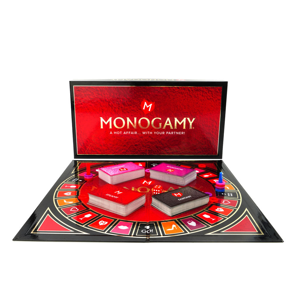 Monogamy - Adult Board Game featuring colorful cards and a vibrant game board for intimate couple fun.