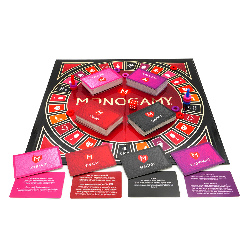 Monogamy - Adult Board Game featuring colorful cards and a vibrant game board for intimate and passionate play.