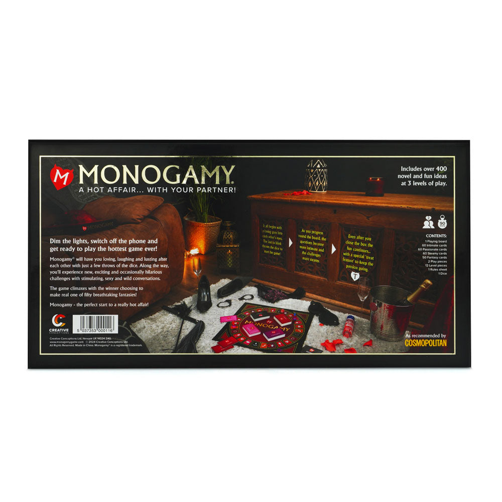 Monogamy - Adult Board Game packaging, including game description and seductive elements for couples.