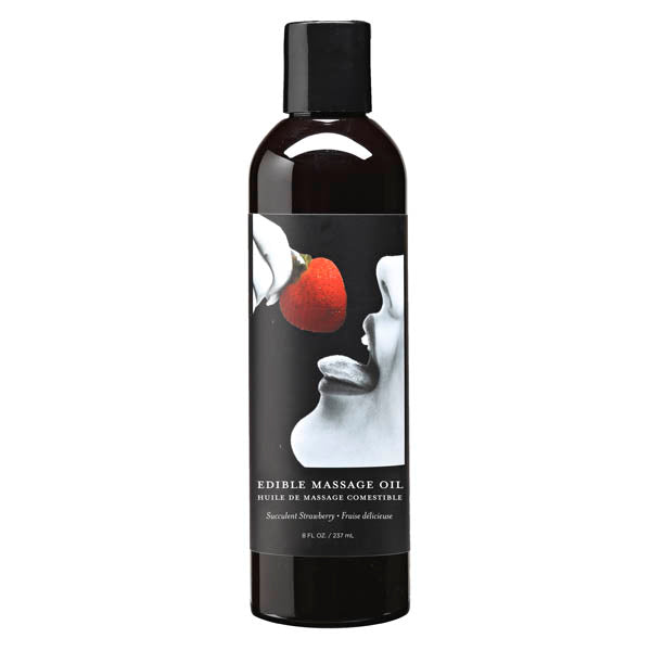 Edible Massage Oil - Succulent Strawberry Flavoured - 237 ml Bottle with sleek black design featuring strawberry and lips.