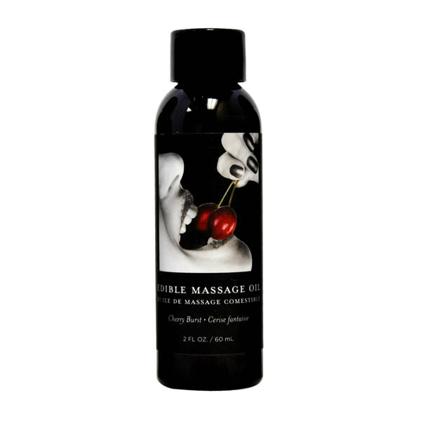 Edible Massage Oil - Cherry Burst Flavoured - 59 ml Bottle in a sleek, black container with cherry graphic.