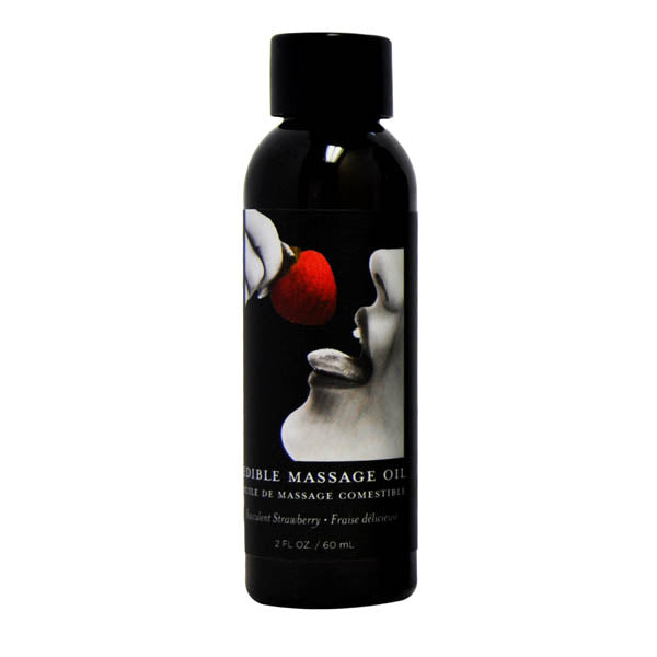 Edible Massage Oil - Succulent Strawberry Flavoured - 59 ml Bottle in a stylish black container.
