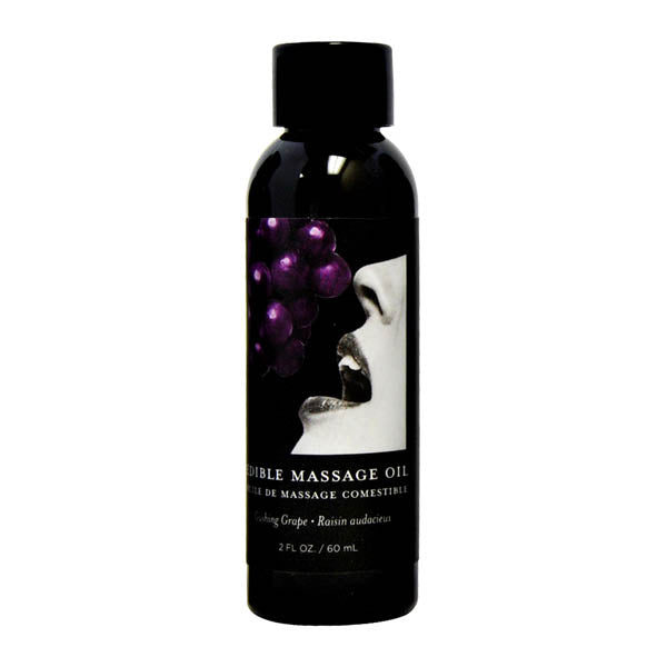 Edible Massage Oil - Gushing Grape Flavoured - 59 ml Bottle, featuring a sleek black design and grape graphics.