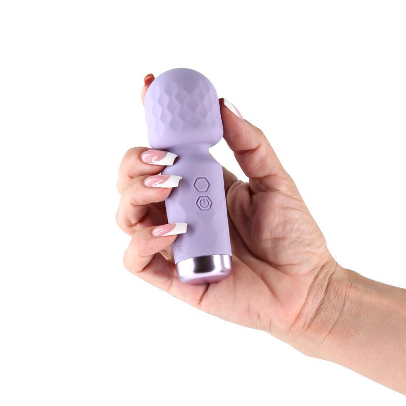 Lust-n-Dreams - Salsa - Lavender - Lavender 11.5 cm USB Rechargeable Mini Massage Wand held in a hand.