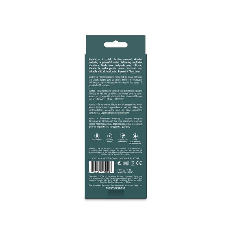 Lust-n-Dreams - Mambo - Sage - 12.2 cm USB Rechargeable Bullet packaging with product details and specifications