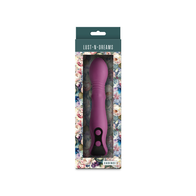 Lust-n-Dreams - Cadence - Blush - 18.2 cm USB Rechargeable Thrusting & Sliding Vibrator in floral packaging.