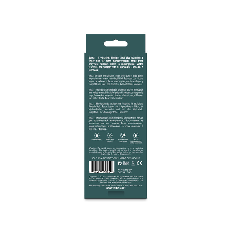 Product packaging for Lust-n-Dreams Bossa - Fog rechargeable vibrating butt plug, featuring details and product info.