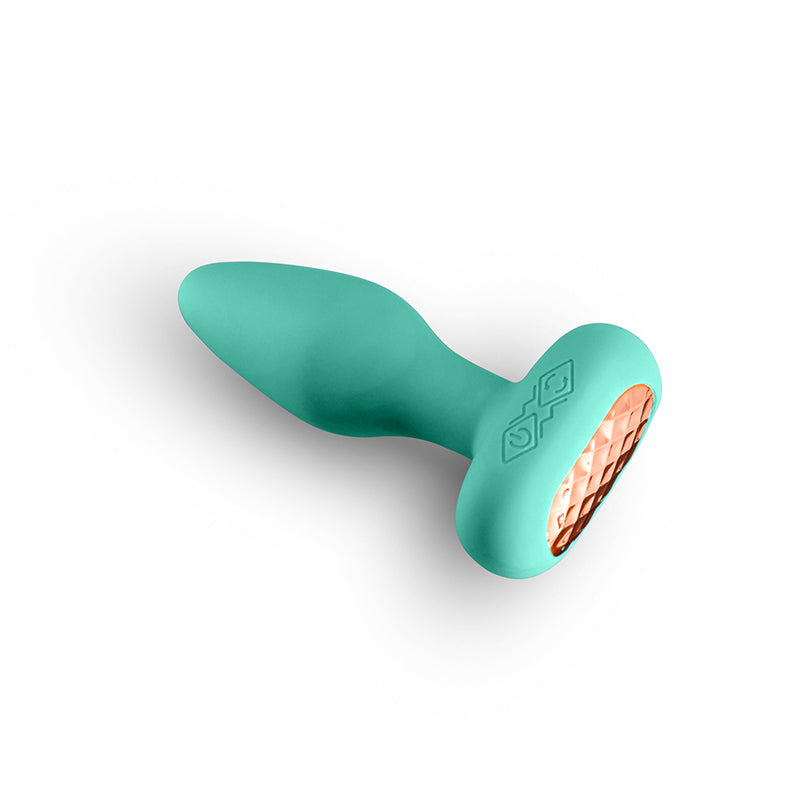 Techno - Prism - Teal 10.9 cm USB Rechargeable Butt Plug with App Control on a white background.