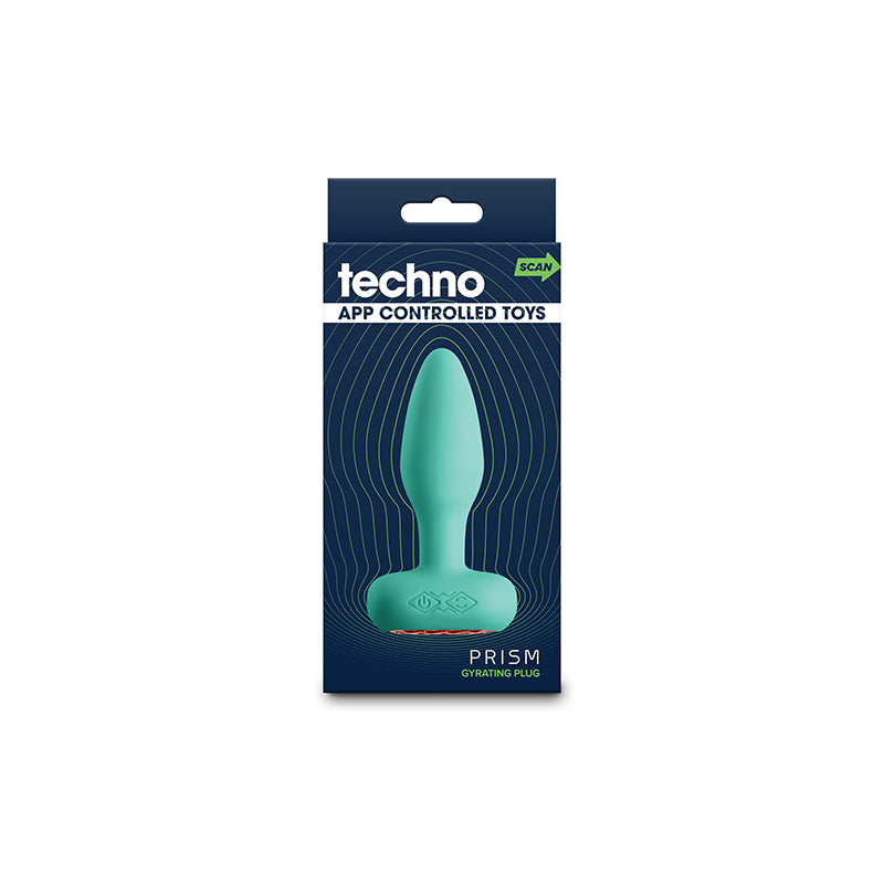 Techno - Prism - Teal 10.9 cm USB Rechargeable Butt Plug with App Control packaging front view.