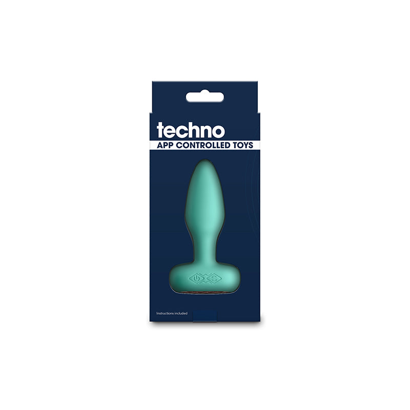 Techno - Prism - Teal 10.9 cm USB Rechargeable Butt Plug with App Control packaging image.