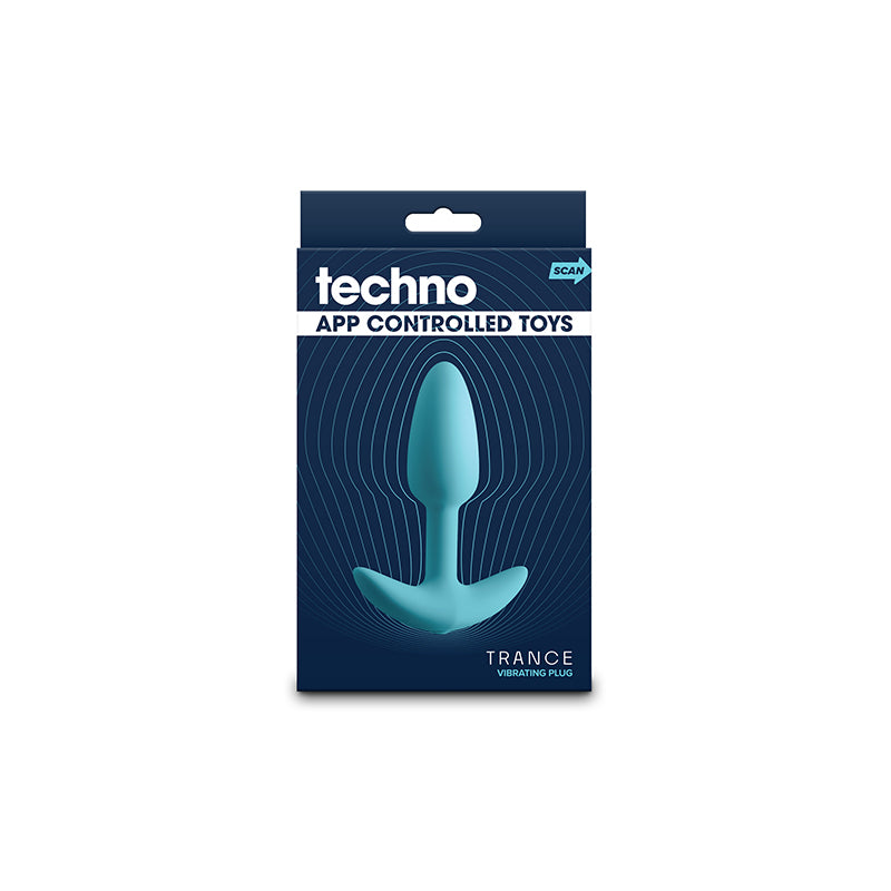 Techno - Trance - 10.9 cm USB Rechargeable Butt Plug with App Control packaging design featuring vibrant colors.