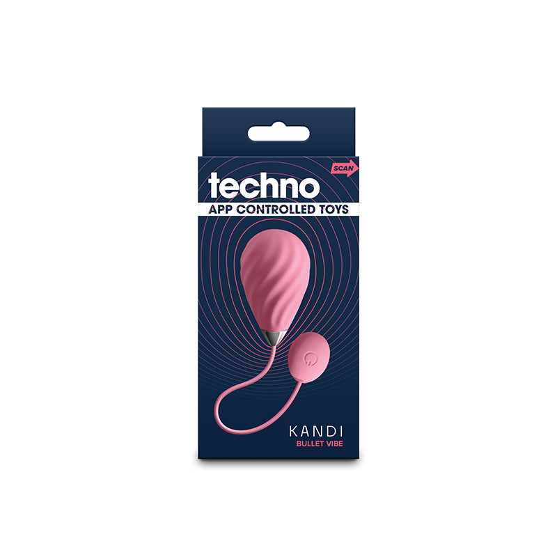 Techno - Kandi - USB Rechargeable Vibrating Egg with App Control packaging design, featuring a pink bullet vibe.