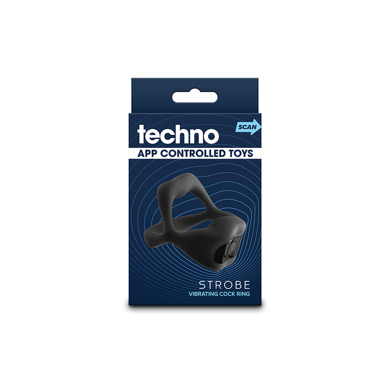 Techno - Strobe -  -  USB Rechargeable Vibrating Cock Ring with App Control packaging design featuring app controlled toys.