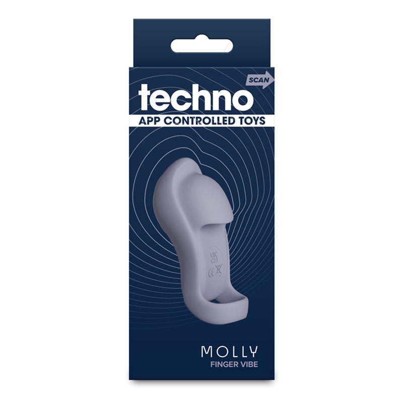 Techno - Molly - Grey USB Rechargeable Finger Stimulator with App Control packaging, highlighting app-controlled features.