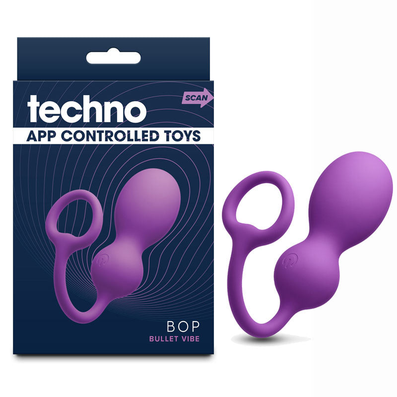 Techno - Bop - USB Rechargeable Vibrating Kegel Exerciser with App Control, featuring a purple design and packaging.