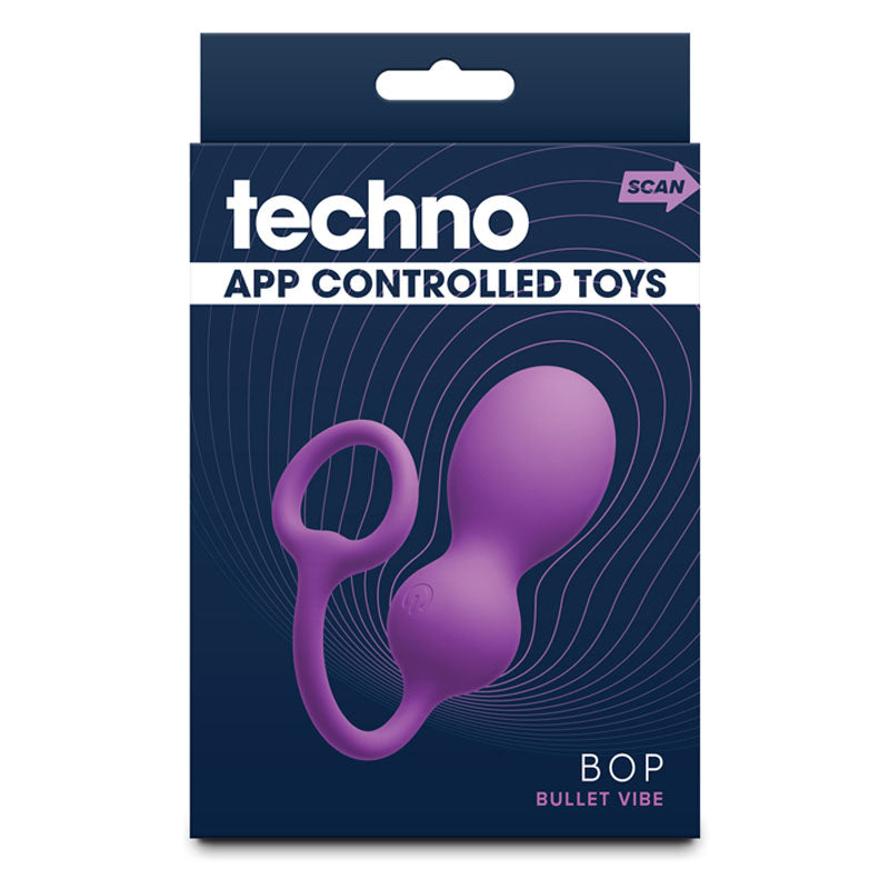 Techno - Bop -  USB Rechargeable Vibrating Kegel Exerciser with App Contol packaging image featuring a purple bullet vibe.
