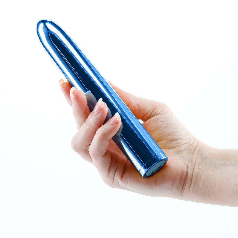 Chroma -  - Metallic  17 cm USB Rechargeable Vibrator held in hand, showcasing its sleek design and premium finish.