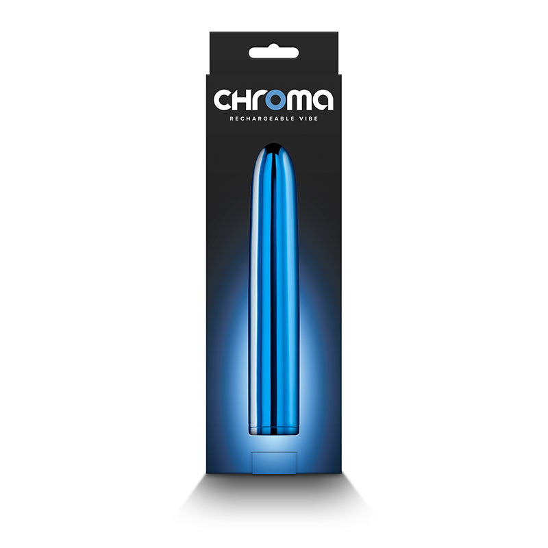 Chroma -  - Metallic  17 cm USB Rechargeable Vibrator in sleek blue packaging against a dark background.