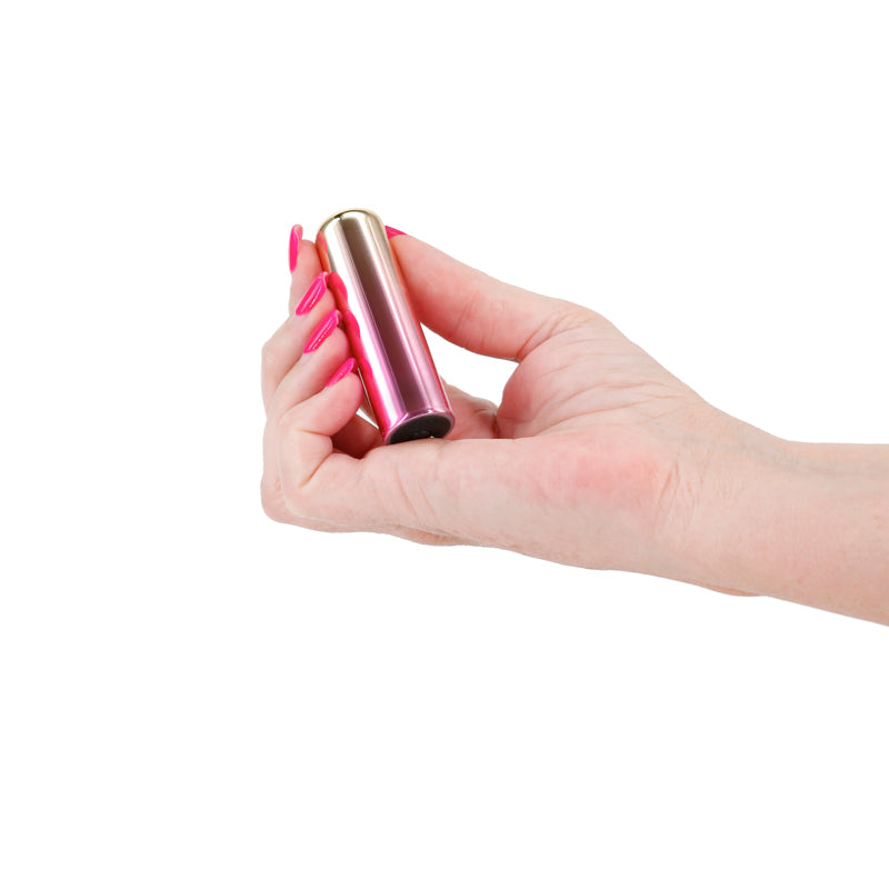 Chroma Sunrise - Small - Metallic Pink/Gold 6.8 cm USB Rechargeable Bullet in hand for intimate essentials for her
