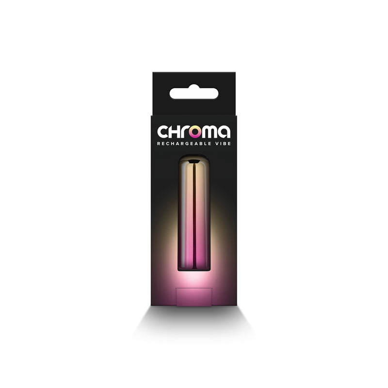 Chroma Sunrise - Small - Metallic Pink/Gold 6.8 cm USB Rechargeable Bullet packaging with vibrant colors.
