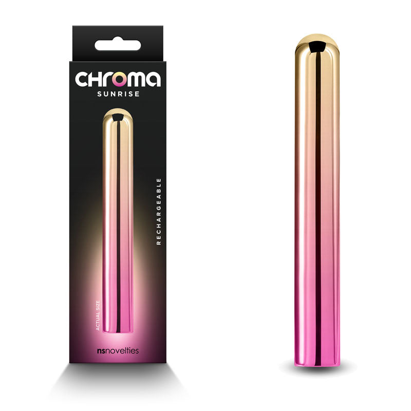 Chroma Sunrise - Large - Metallic Pink/Gold 13.8 cm USB Rechargeable Vibrator in stylish packaging.
