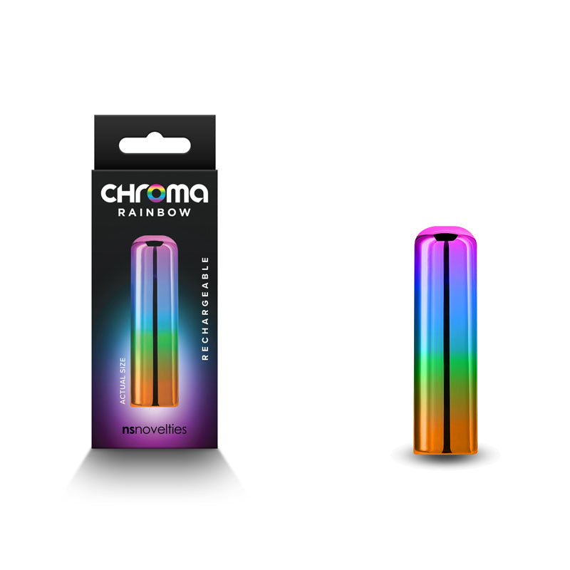 Chroma Rainbow - Small - Metallic Rainbow 6.8 cm USB Rechargeable Bullet in packaging, vibrant colors, and sleek design.