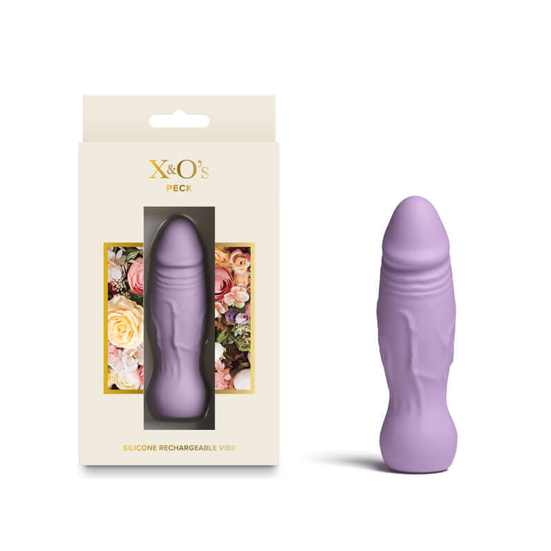 X & O's Peck Lavender 9.9 cm USB rechargeable bullet vibrator displayed with packaging.