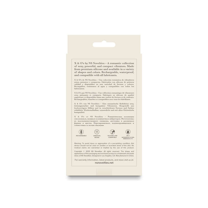 X & O's Peck - Lavender 9.9 cm USB Rechargeable Bullet product packaging information.