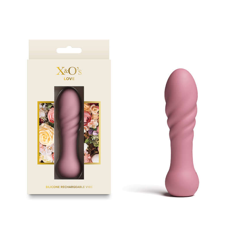 X & O's Love dusty rose USB rechargeable bullet vibrator with floral packaging shown.