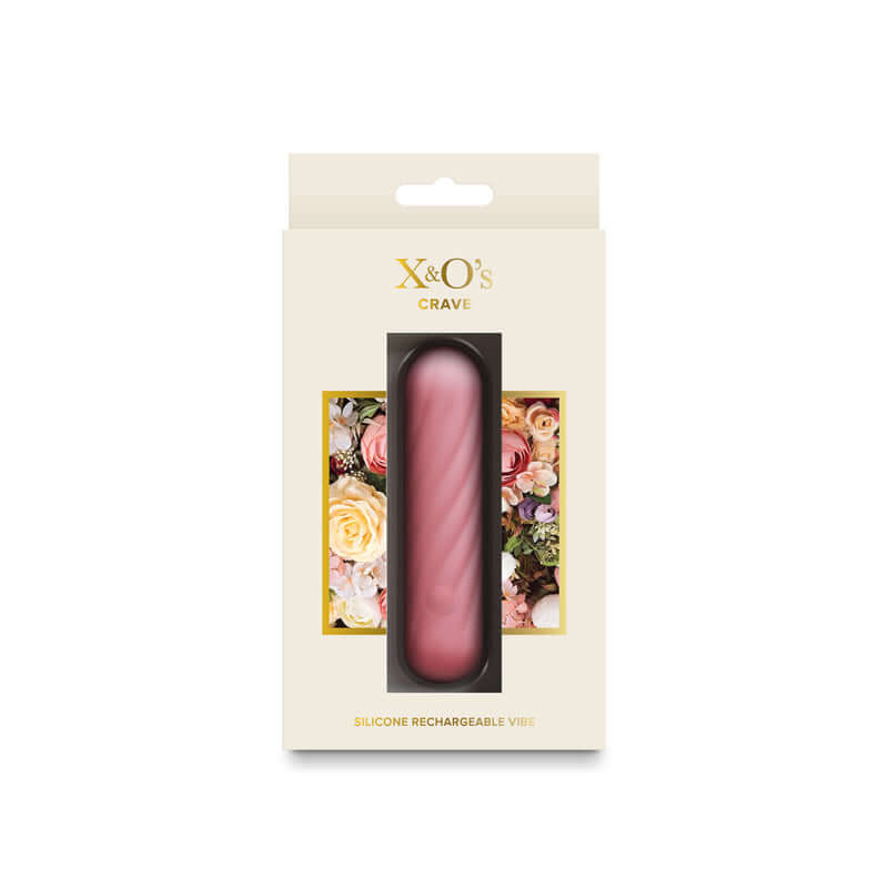 X & O's Crave silicone rechargeable bullet vibrator packaging with floral design, ideal for romantic experiences.