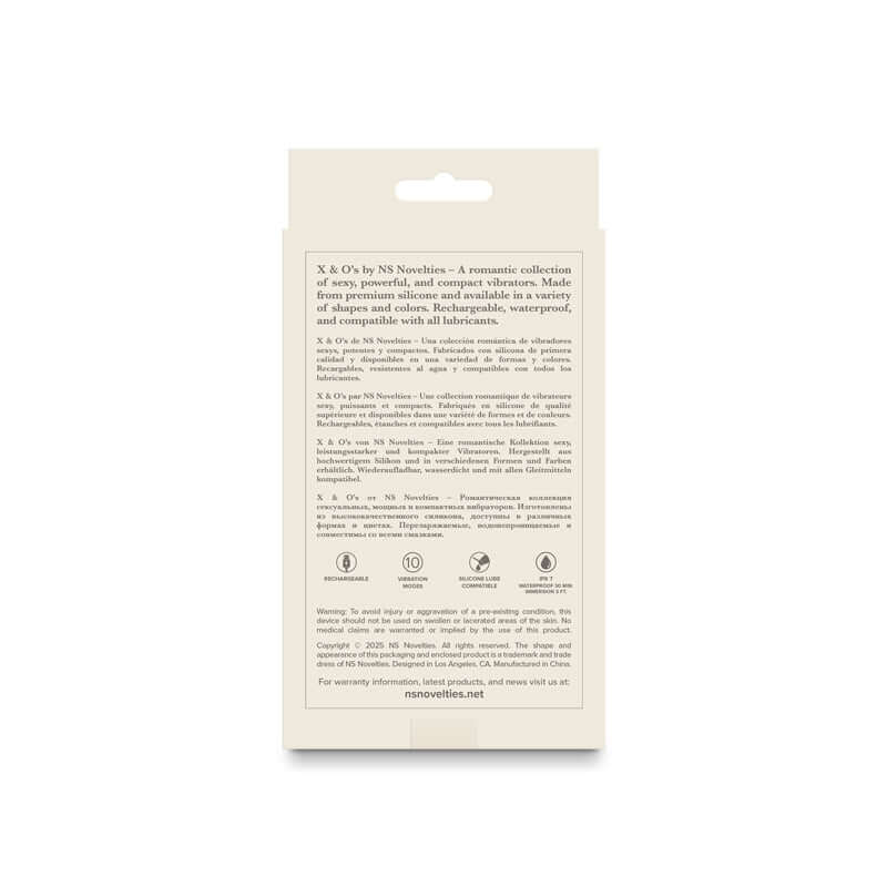 Back packaging of X & O's Crave USB rechargeable bullet vibrator, featuring product details and features.