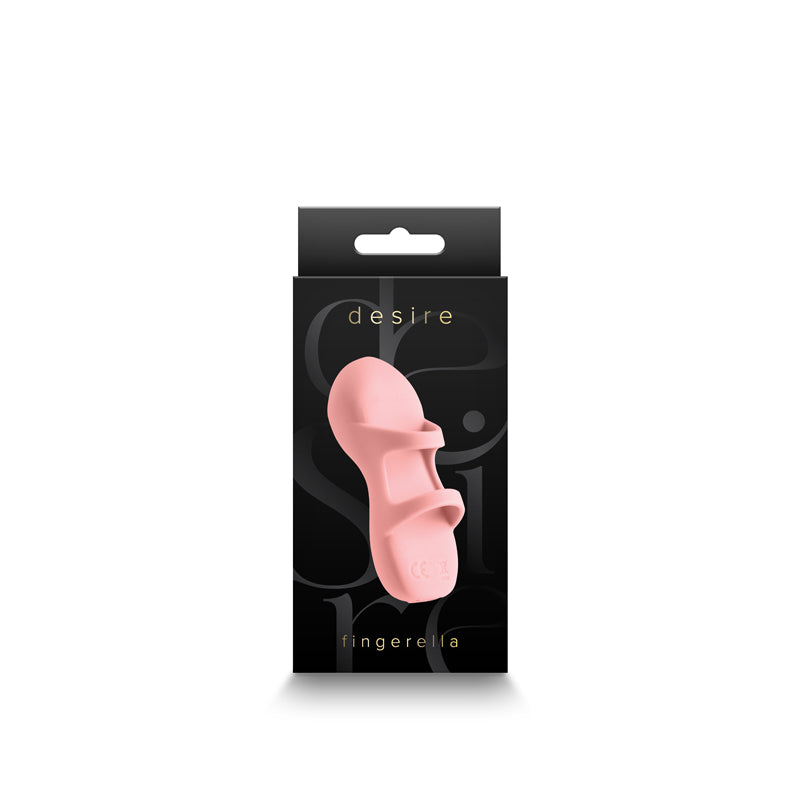 Desire - Fingerella -  -  USB Rechargeable Finger Stimulator in packaging, ergonomic design, pink silicone surface.