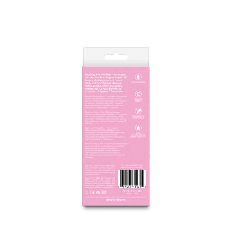 Pretty in Blush packaging description for 13 cm USB rechargeable vibrator with features and benefits.