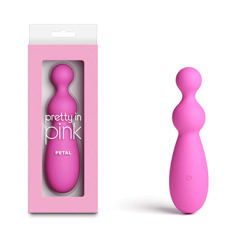 USB rechargeable silicone vibrator by Pretty in Pink, featuring a smooth beaded design and stylish packaging.