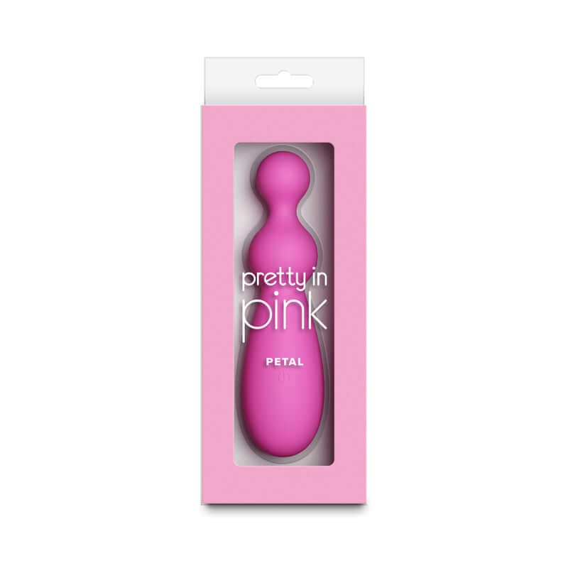 Pretty in Pink Petal USB rechargeable silicone vibrator in packaging, highlighting its design and vibrant color.