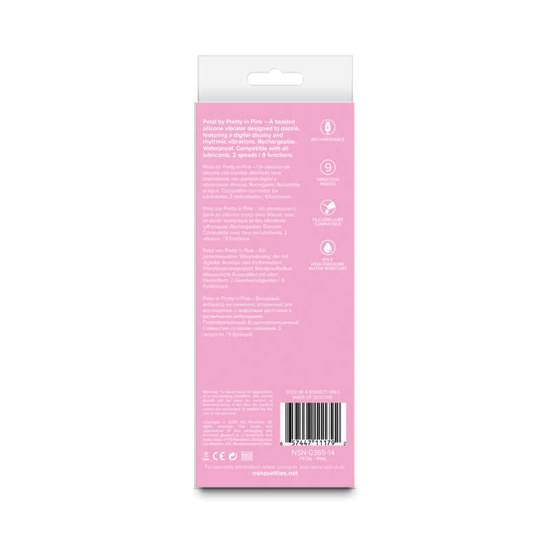 Pretty in Petal -  -  15.5 cm USB Rechargeable Vibrator packaging back with product details and features.