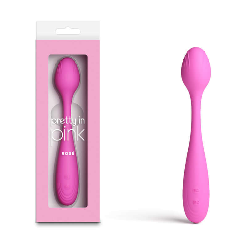 Pretty in Pink Rose USB rechargeable vibrator in packaging, showcasing dual motor design for versatile pleasure.