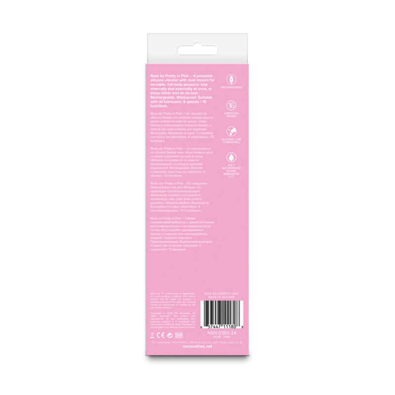 Pretty in Rose packaging back view for the USB rechargeable vibrator, featuring product details and specifications.