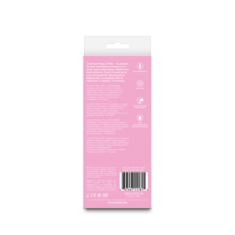 Back packaging of Pretty in Crush 14.3 cm USB rechargeable vibrator with product details.