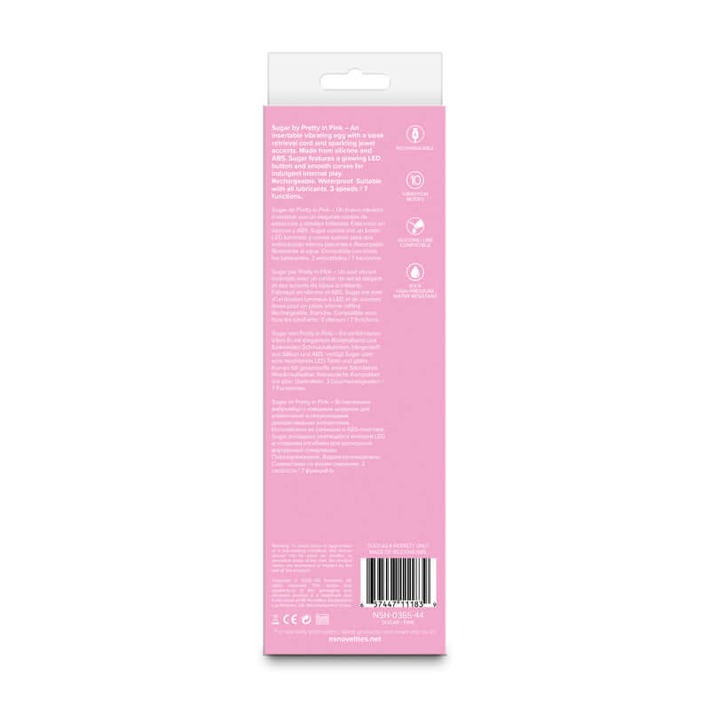Back packaging of Pretty in Sugar 21 cm USB rechargeable vibrator, showcasing product details and specifications.
