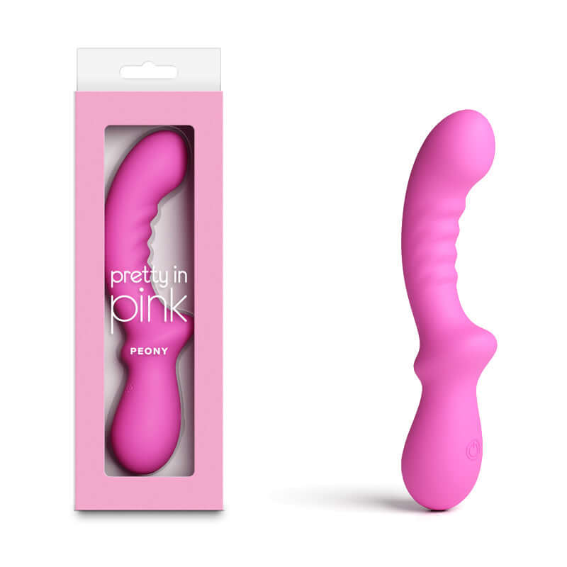Pretty in Pink Peony, a 19.8 cm USB rechargeable G-spot vibrator in vibrant pink, showcasing ergonomic design and packaging.