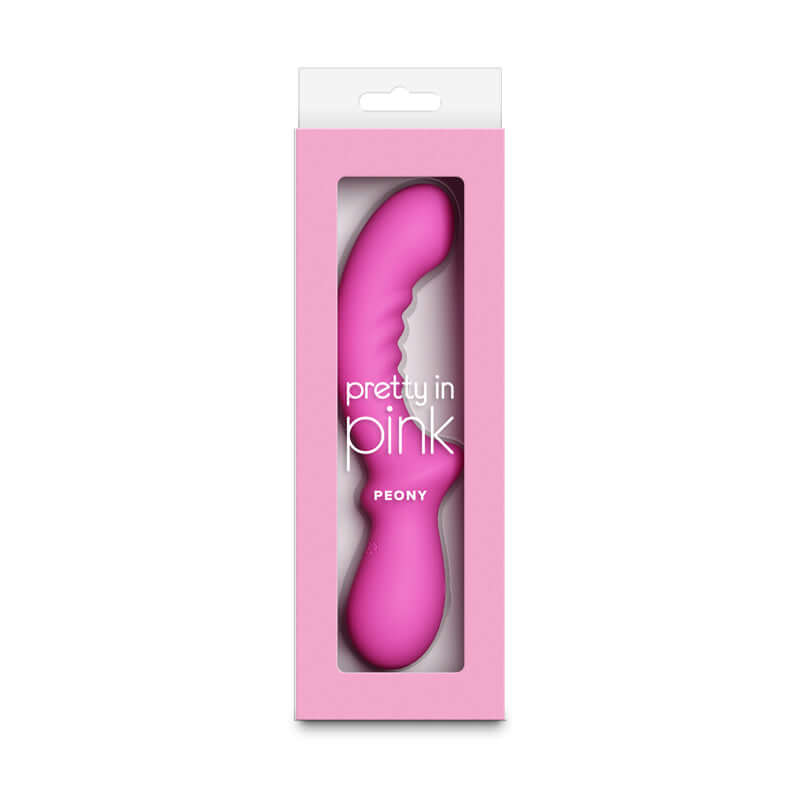 Pretty in Pink Peony USB rechargeable G-spot vibrator in packaging, showcasing a flexible and ergonomic design.